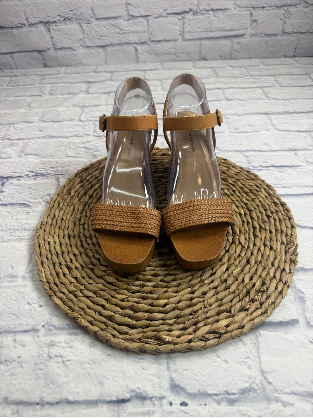Lucky Brand Tan Woven Ankle-Strap Wedge Sandals. Size 9.5